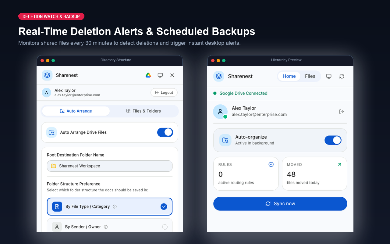 Desktop deletion alerts settings and scheduled snapshot backup manager